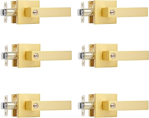 Leydebong Paquete de 6 manijas de puerta de latón satinado, pomos de puerta interiorexterior con cerradura y llave, manijas de puerta de entrada