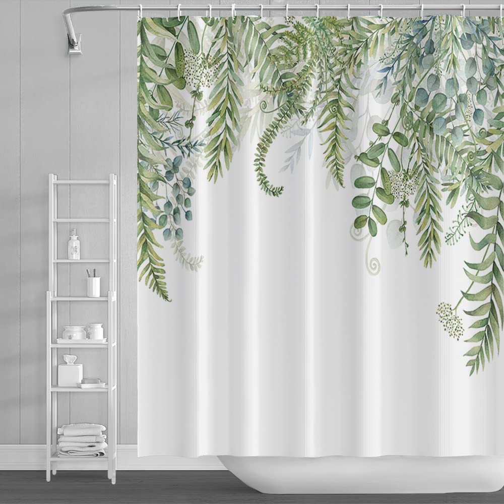 18meng Art Shower Curtain Green Leaf Mould Proof Weighted Polyester Fabric Bathroom Curtains 180x210cm Waterproof Resistant Wet Room Washable Bathtub Curtain with 12 Hooks