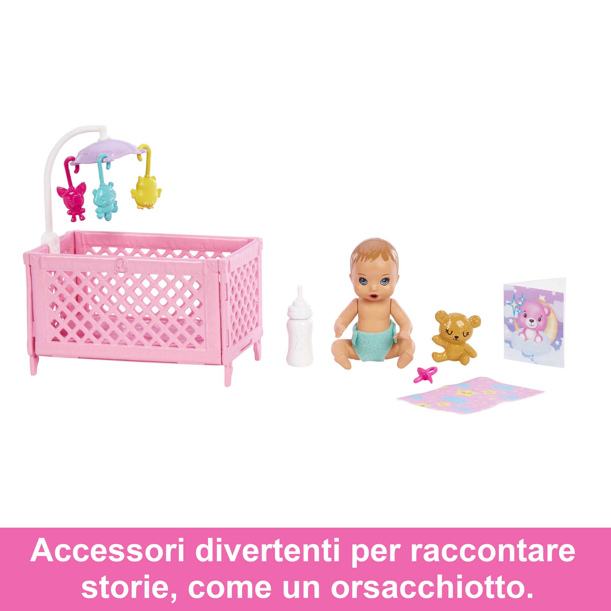 Barbie – Bambola Barbie Skipper Babysitter Nanna, playset con bambola e bebè con occhi assonnati che si aprono e si chiudono e accessori a tema, Giocattolo per Bambini 3+ Anni, HJY33