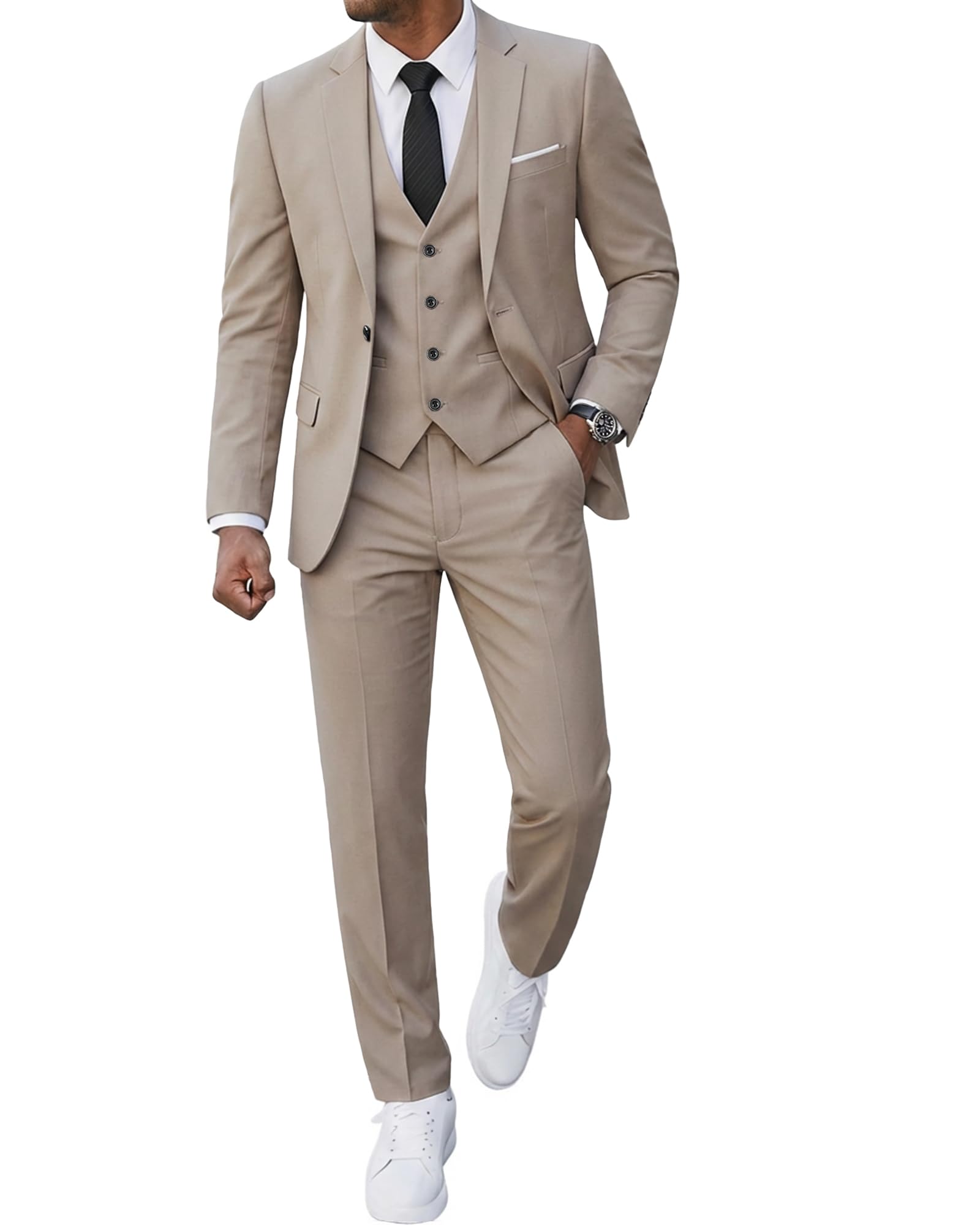 Mens 3 Piece Suit Blazer, Slim Fit Tux with One Button, Jacket Vest Pants & Tie Set for Party, Wedding and Business