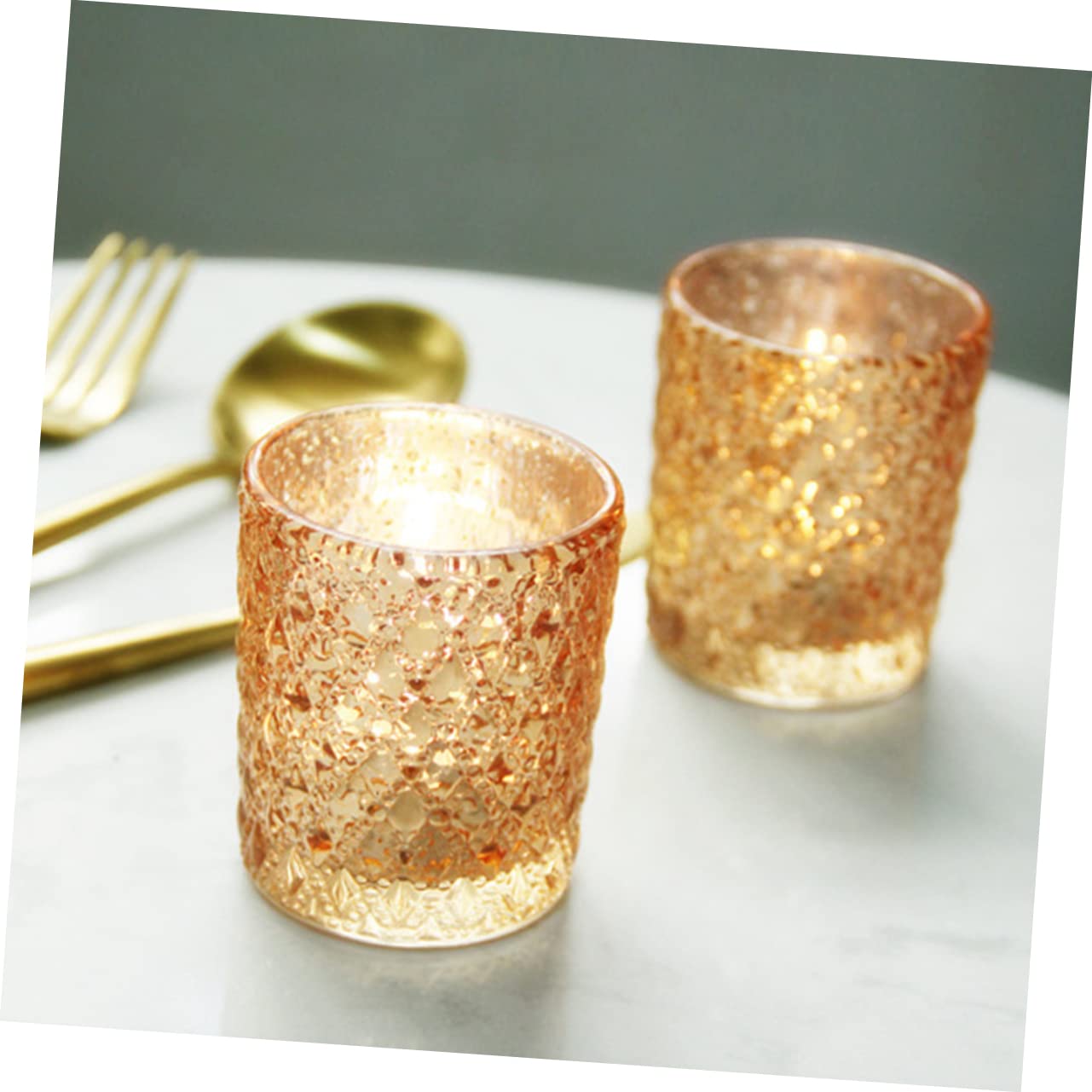 Portavelas de Vidrio Dorado Relieve Romántico 12 Piezas | Decoración Europea Elegante, para Bodas y Eventos Obsequios, Formato Portátil