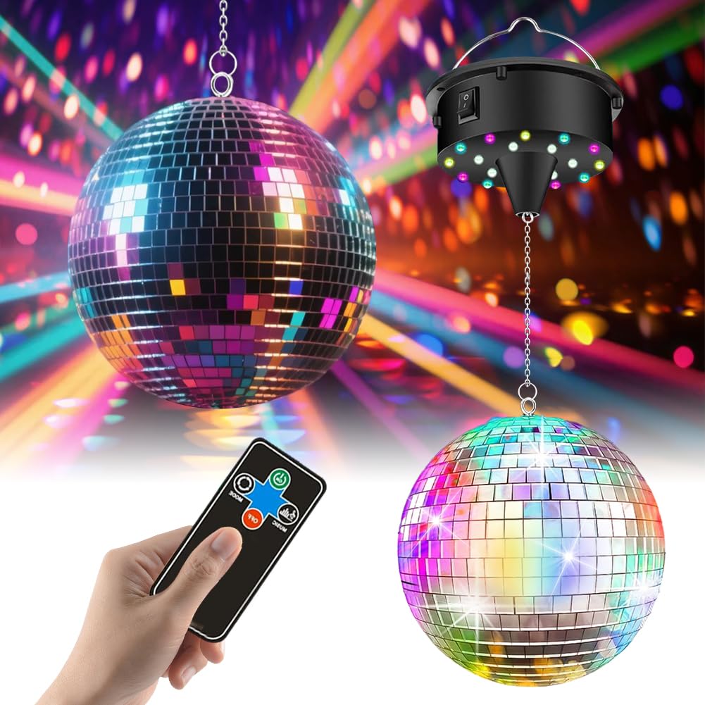 Sfera da discoteca con motore, sfera girevole, regolabile 5/8/10/15 giri/min, con sfera a specchio argentata da 15,2 cm e 4 luci colorate, 18 perline LED, telecomando per feste, effetti di luce da