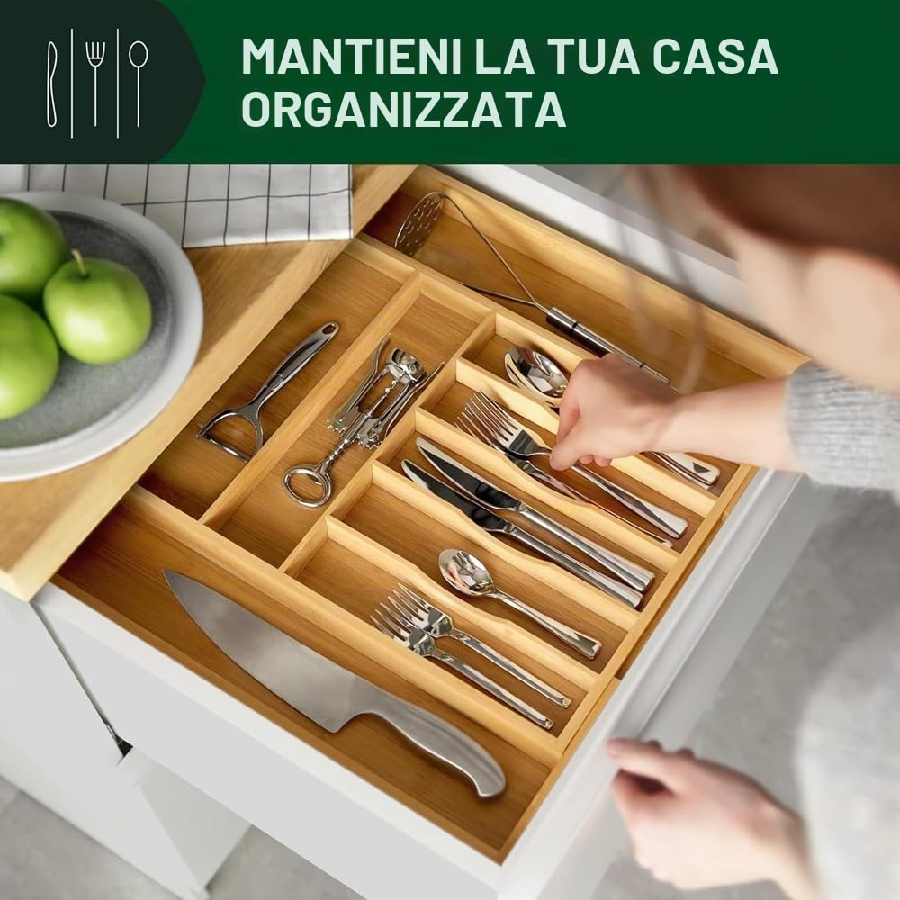 Portaposate per cassetti, portaposate regolabile, larghezza da 33 cm a 50 cm, portaposate in bambù, cassetto portaposate per cucina, portaposate per cucchiai/forchette