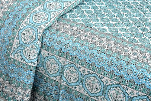Image of ElanorHomes Cotton Double King Size Bedsheet | Hand Printed | Ultra-Soft & Skin-Safe | Breathable Summer Comfort | 90x108 inches with 2 Pillow Covers (Firozi Chhaon)