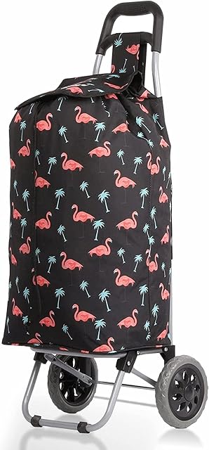 Hoppa 47L Lightweight Shopping Trolley, Hard Wearing & Foldaway for Easy Storage with 1 years Guarantee (Black Flamingos)