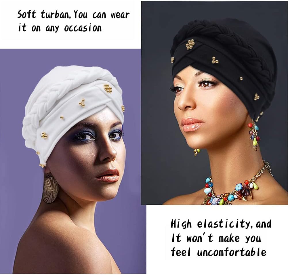 African Women Turban Cap Twisted Beaded Braid Head Wraps Pre-Tied Chemo Headscarf for Cancer Hair Cover hats image 2