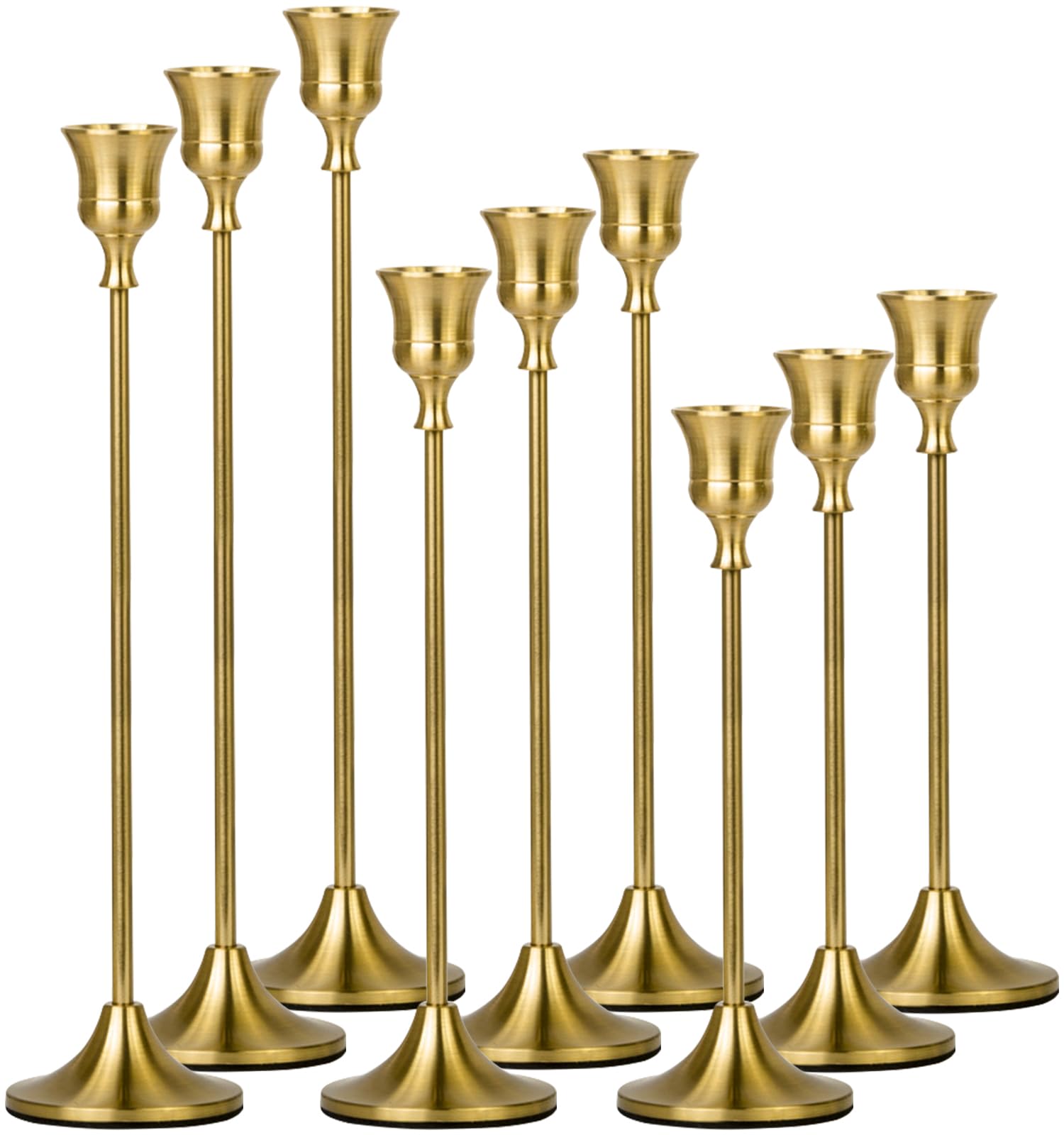 MTINRNI Juego de 9 Candelabros para Velas,3 Tamaños (19,5/23,3/27,2 cm),Vintage Cónicas Portavelas de Metal Alto,Candelabro Dorado,candelabros Decorativos de Velas,para Bodas,Cenas,Navidad, Fiestas.