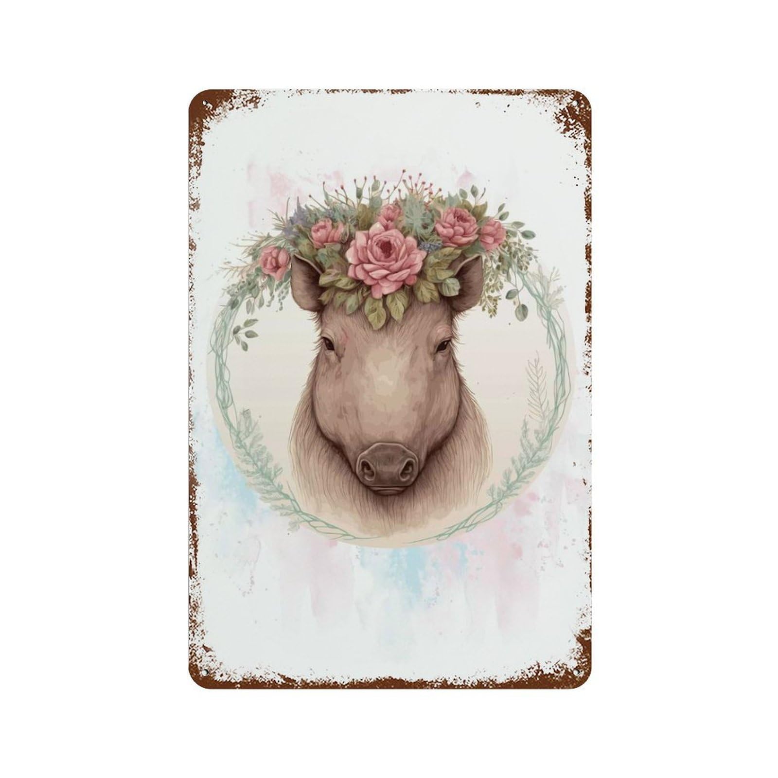 Floral Watercolor Boar Decorative Tin Sign 11.8"x7.9", Vintage Wall Decor for Garage, Pub Or Kitchen