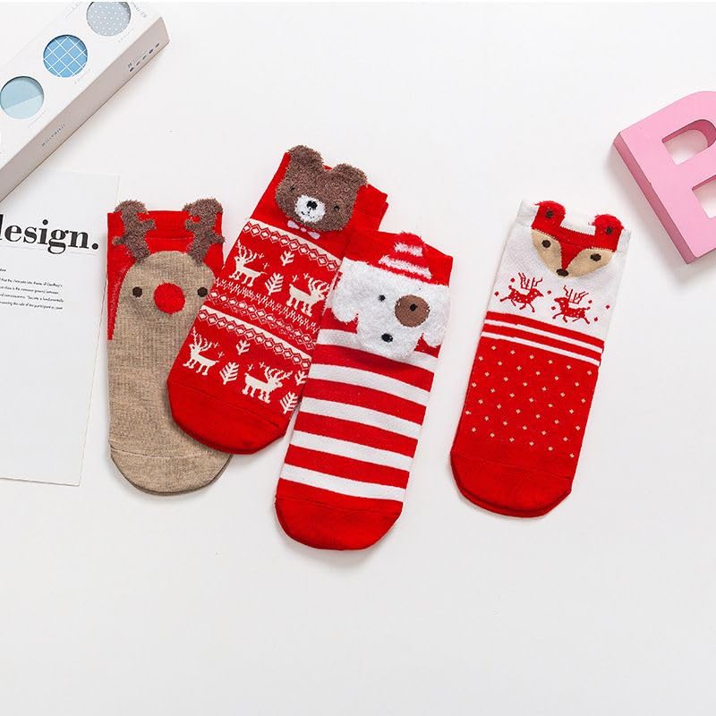 Cute Girls Cartoon Christmas Winter Socks,4 Pairs Creative Women's Christmas Cotton Socks Crew Socks with Gift Box3