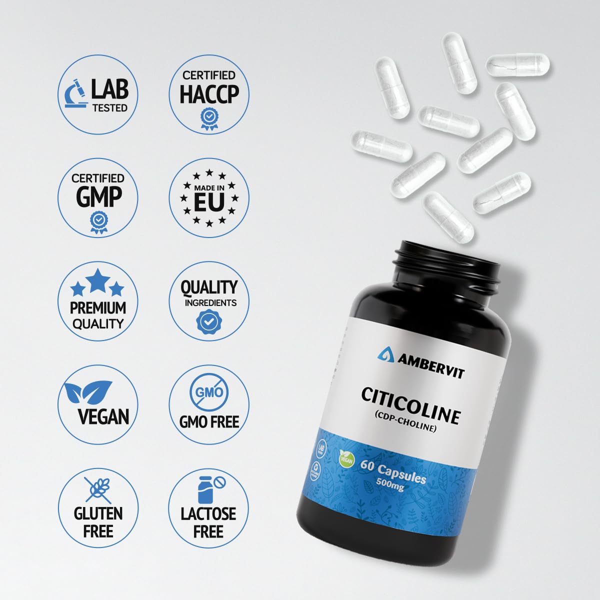 Citicoline CDP Choline 500mg - 60 Capsules - Dosage élevé pour la mémoire, la concentration et le soutien mental - Sans additifs indésirables - 2 mois d'approvisionnement | Ambervit