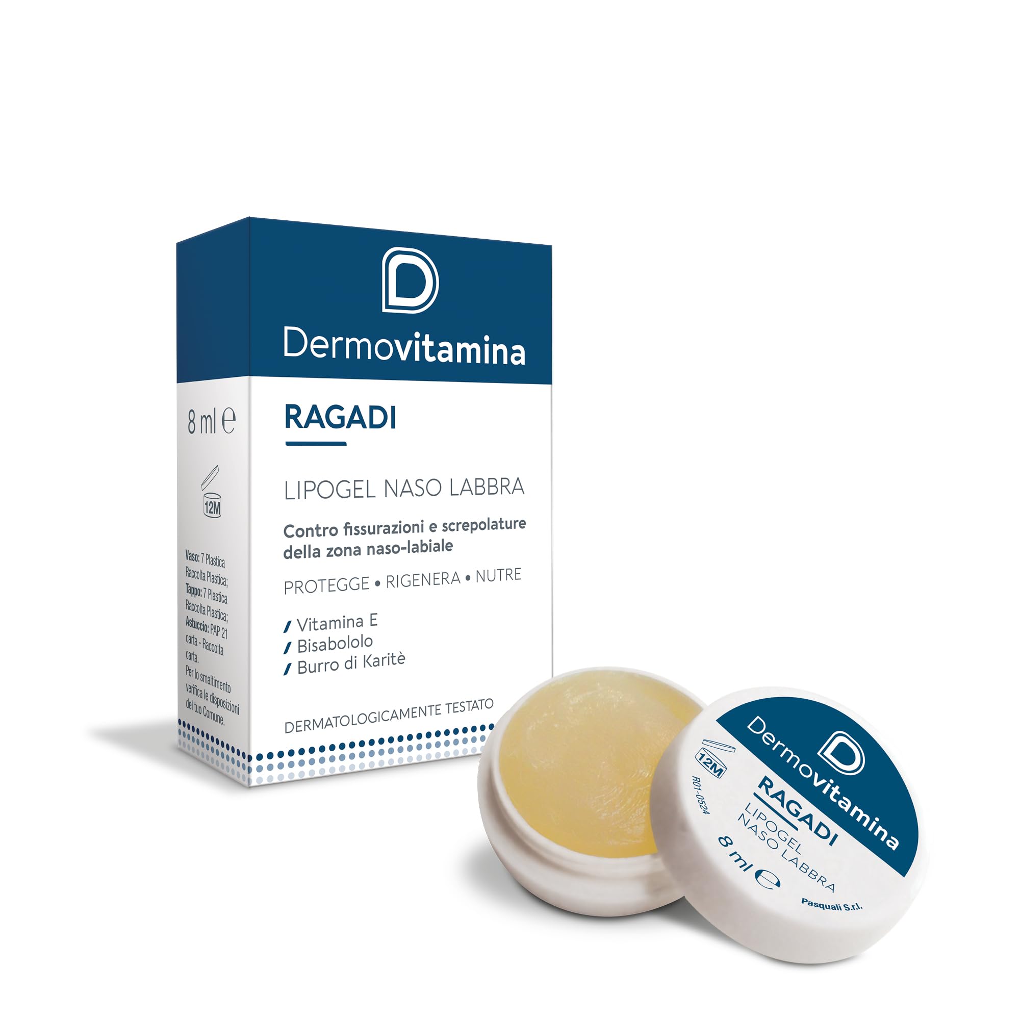 Dermovitamina Ragadi Naso Labbra - Lipogel per Naso e Lembi Screpolati - Balsamo Labbra Riparatore - Idrata e Nutre in Profondità - Formula Delicata Senza Aroma - 8 ml