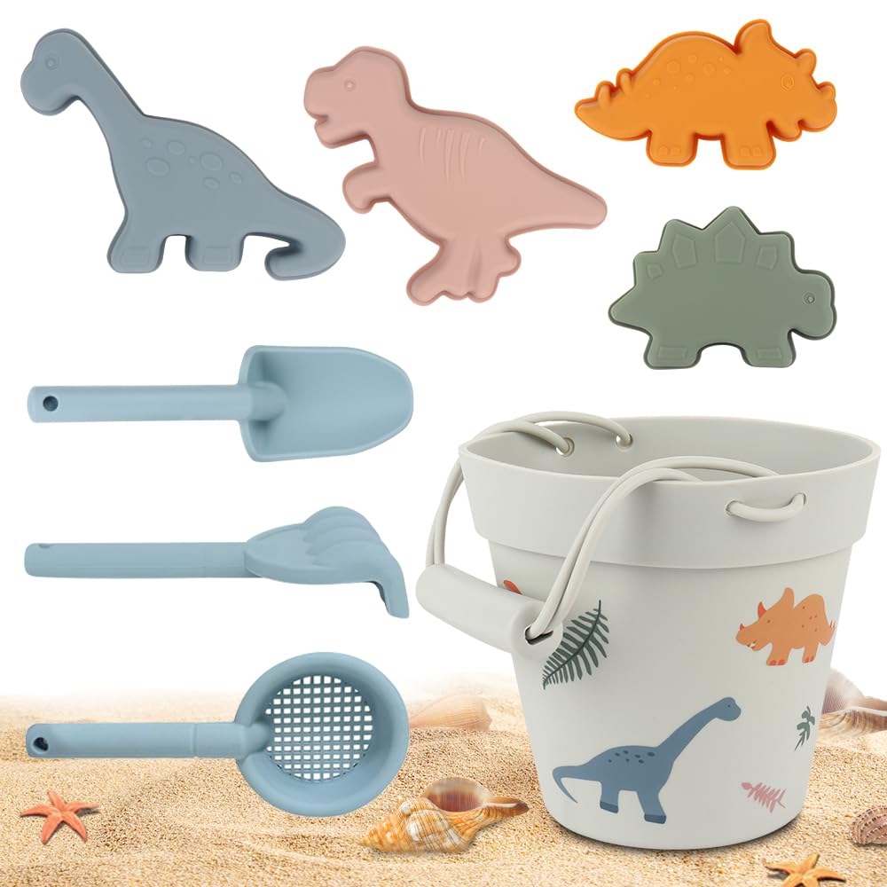 HIULLEN Juego de juguetes de arena de silicona, juego de 8 juguetes para niños, caja de arena, juguete de playa, cubo de silicona, pala para niños a partir de 1, 2, 3, 4 años, niñas, niños, juguetes