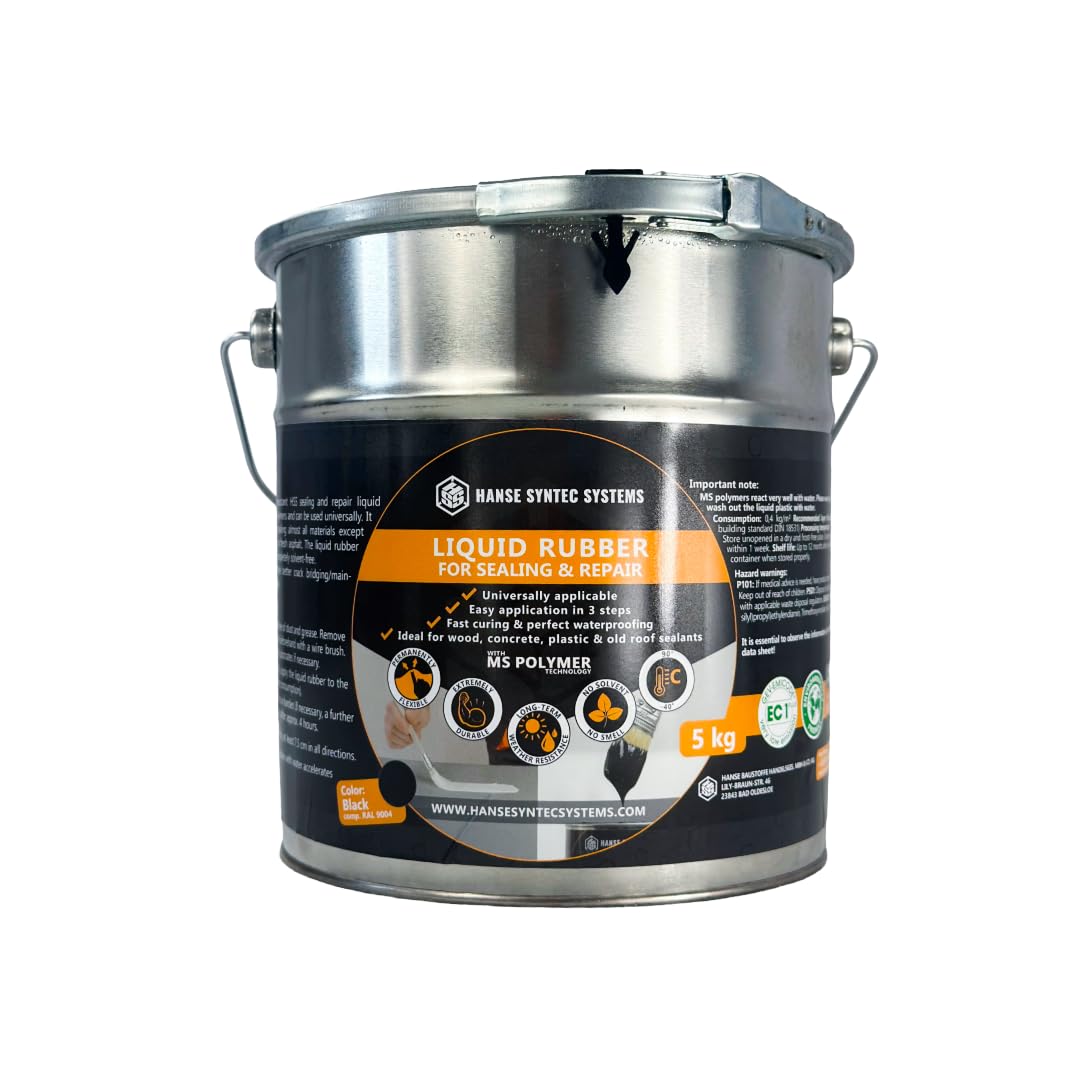 Kit Sellador Líquido Impermeable MS-Polymer con Pincel y Velo de Refuerzo – Resistente a UV e Intemperie – Sin Disolventes ni Betún – Negro – 5 kg para aprox. 5 m²