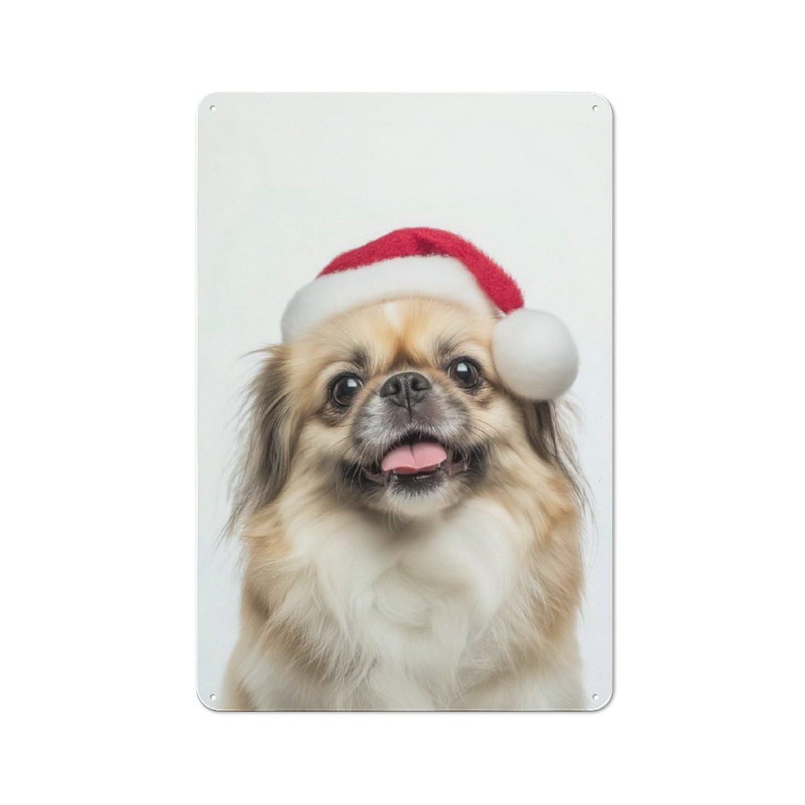 Junmoney Pekingese Dog With Santa Hat Portrait Retro Tin Wall Plaque 30X20cm For Dining Room Or Kitchen, For Home Decor Collectors