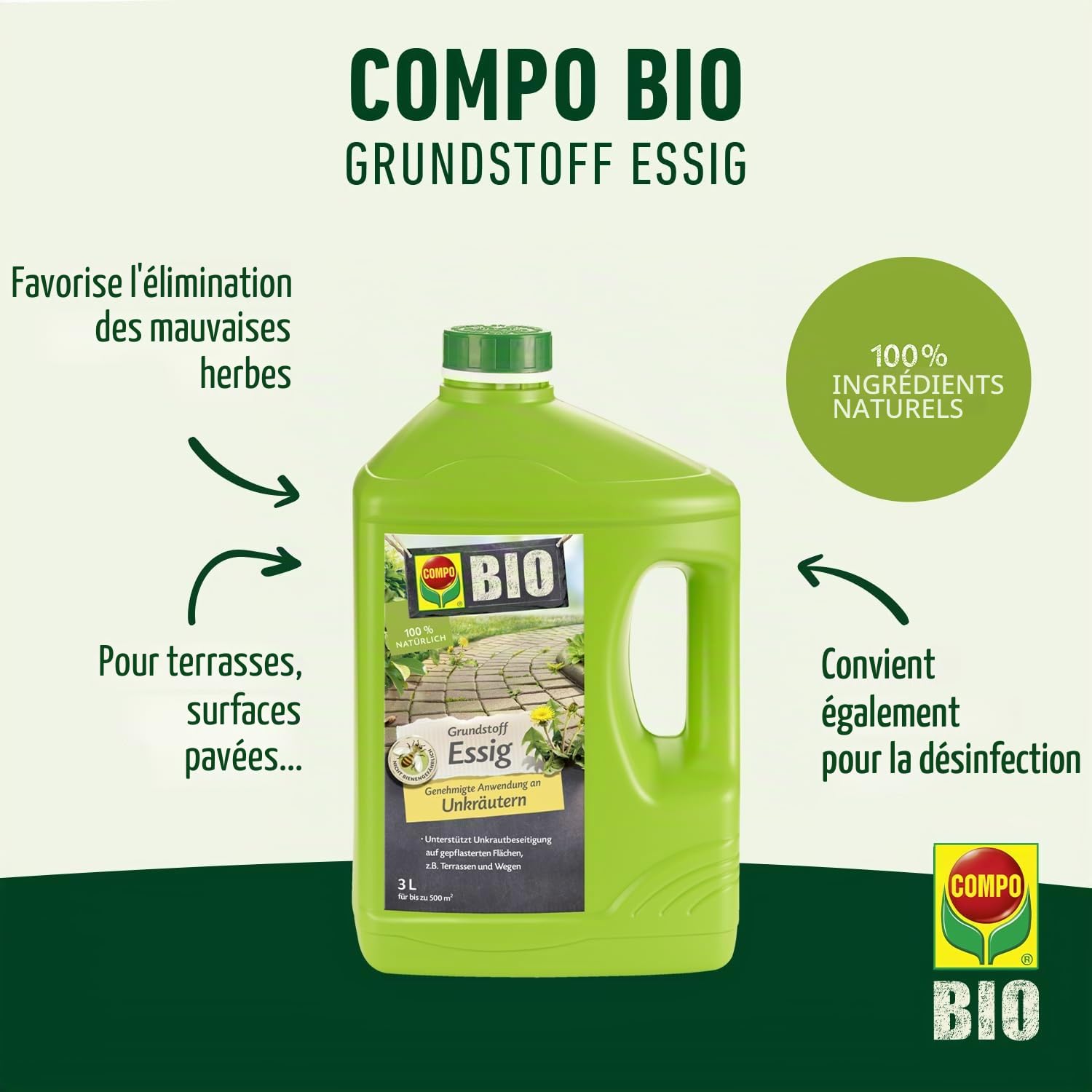COMPO Vinaigre bio 3 l pour 500 m² éliminer mauvaises herbes
