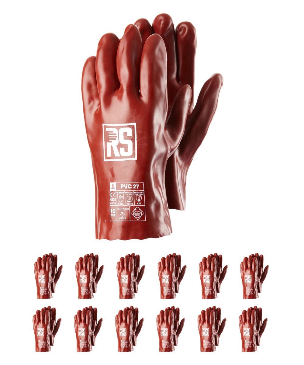 RS PVC 27 Lot de 12 paires de gants de protection chimiques en PVC/Taille 10/Marron/Chimiques et Microbiologiques/Gants de travail/résistants aux acides, aux alcalis et à l'huile