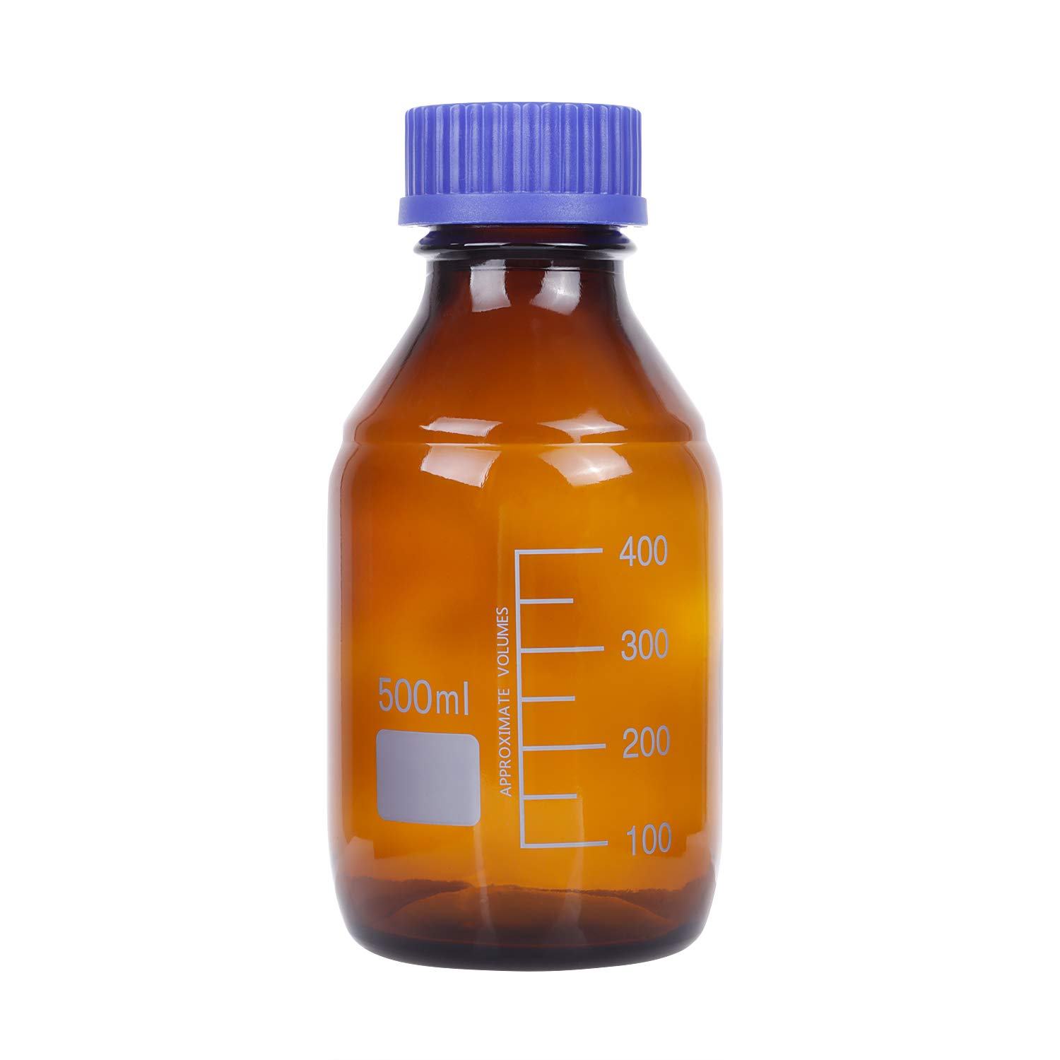 Paquete de 8 botellas de vidrio de borosilicato ámbar de 500 ml graduadas redondas de reactivo de laboratorio/almacenamiento con tapa de rosca azul GL45