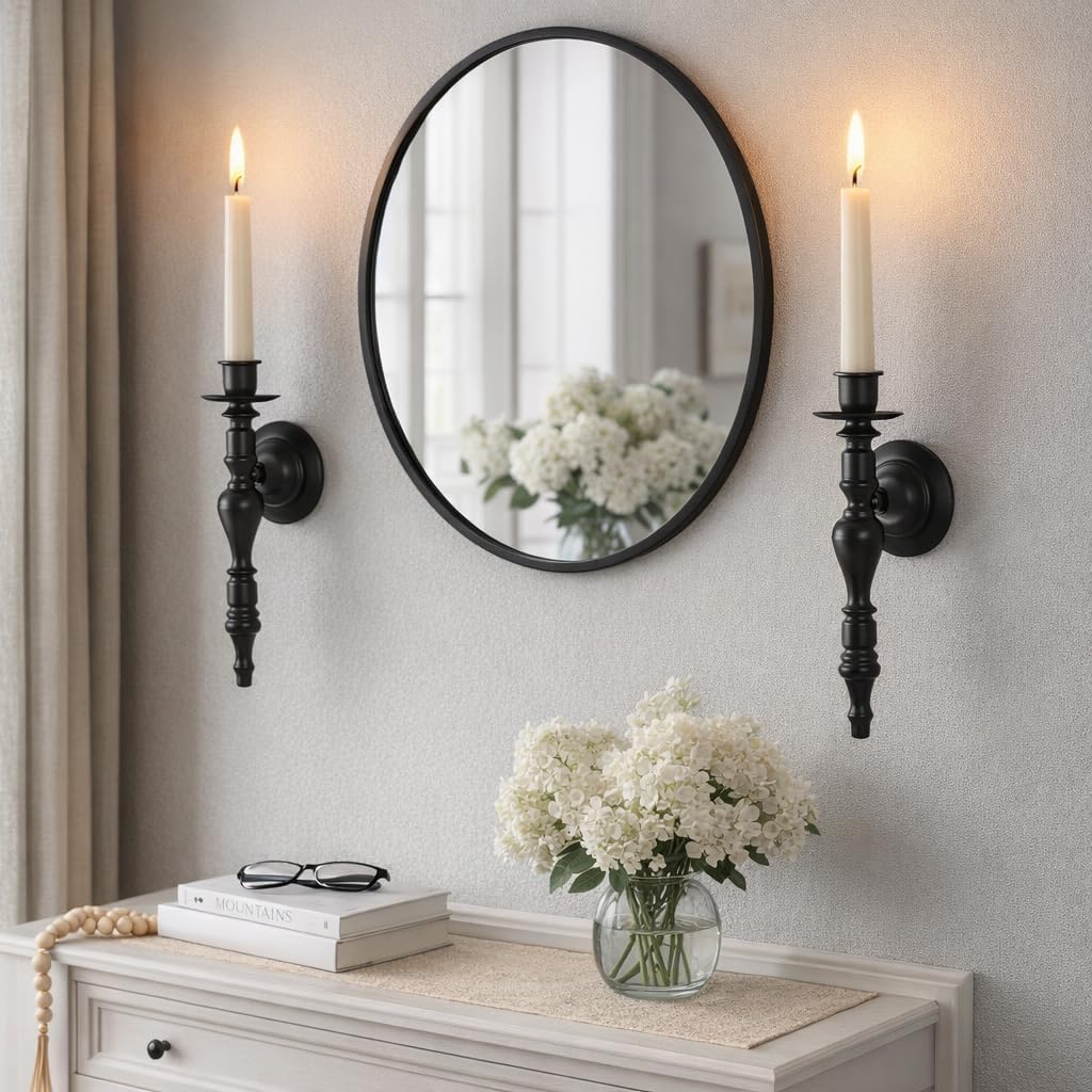 We Moment Black Wall Candle Sconces Set of 2, Vintage Candle Holders for Taper Candles, Classic Elegant Metal Candle Sconces for Bedroom Living Room Bathroom Farmhouse Rustic Home Decor