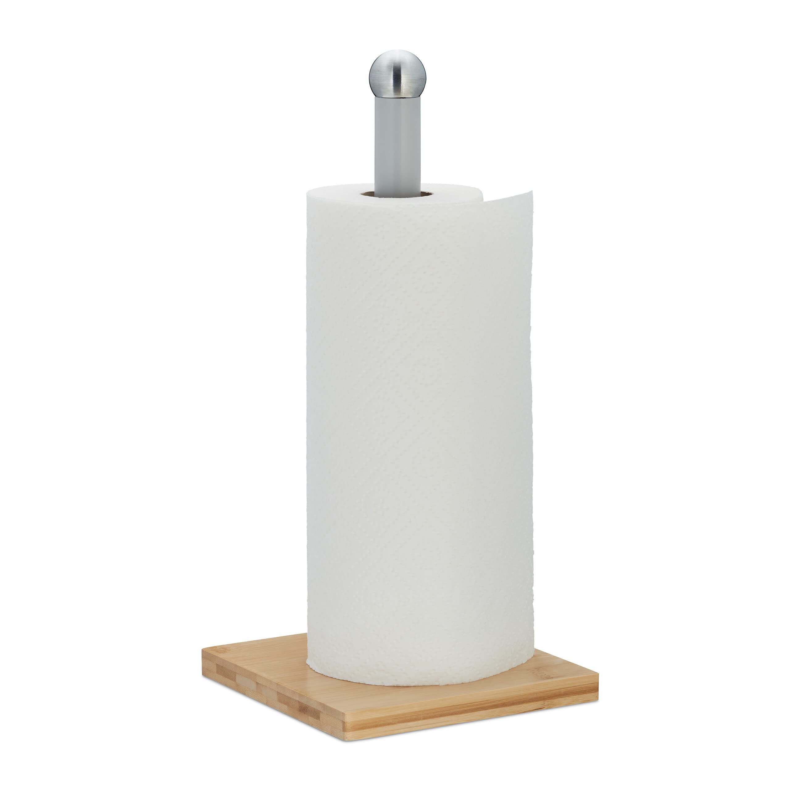 Relaxdays Kitchen Roll Holder, Bamboo, Stainless Steel, Paper Towels Rack for Tabletop, HWD: 35x16x16 cm, Natural/Silver