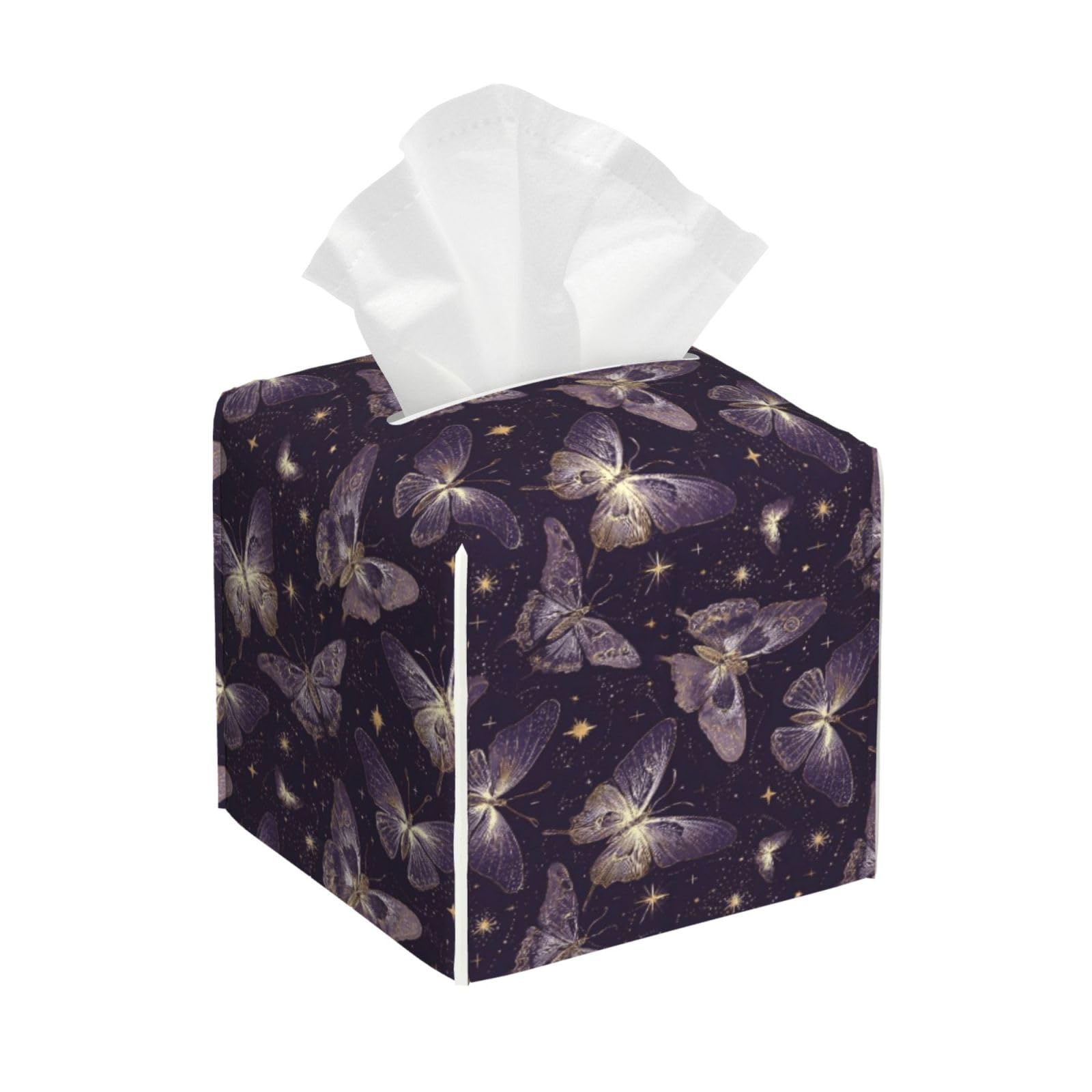 Elegant Purple Butterfly Star Print Tissue Box Cover Holder Square, Foldable Modern Cube Tissue Box Cover, Leather Decorative Organizer for Tabletop Bathroom Car Office Desk Decor