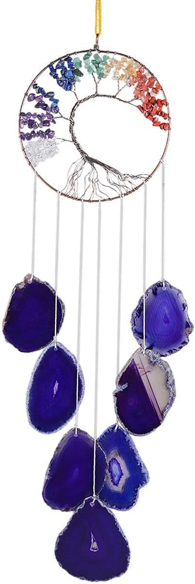 Nupuyai Tree of Life Purple Agate Slices Wind Chime 7 Chakra Crystal Hanging Ornaments Handmade Windchime for Home Indoor Outdoor Decoration