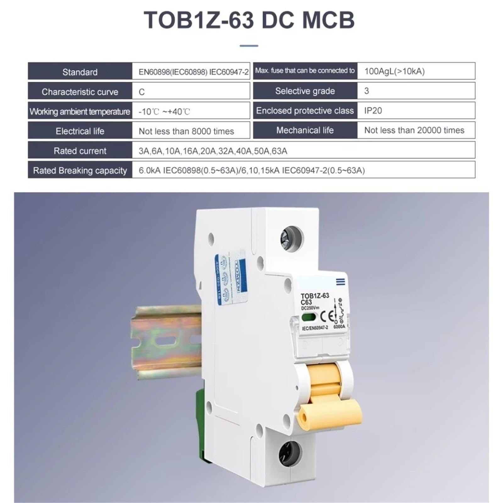 DC MCB Interruttore automatico 1P 250 V 1-63 A, curva C