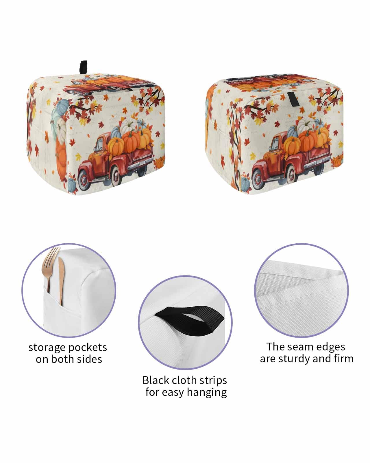 Happy Fall Toaster Cover 2 Slice, Pumpkins Red Truck Maple Leaf Bread Maker Dust Cover with Pockets for Kitchen Small Appliance 11x6x8in