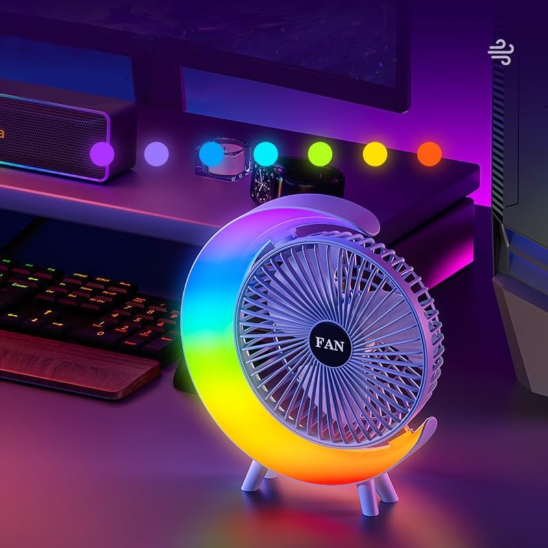Mini Ventilador USB Con Luz: 3 Velocidades, 2 Modos Luz, Batería 1500 MAh, Soporte Y Gancho Incluido