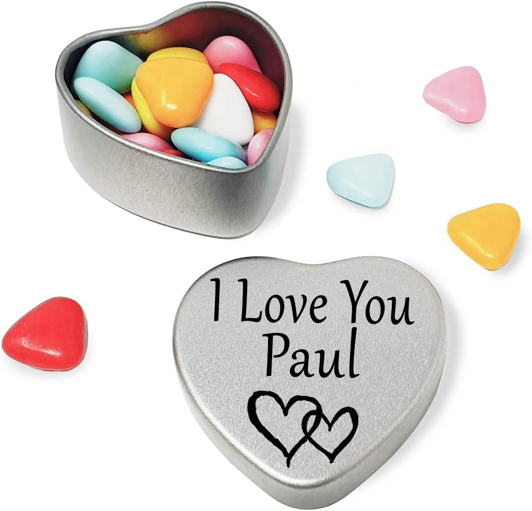 I Love You Paul Mini heart shaped silver gift tin filled with mini chocolates. Great as a birthday present or a gift to show someone special how much you love them