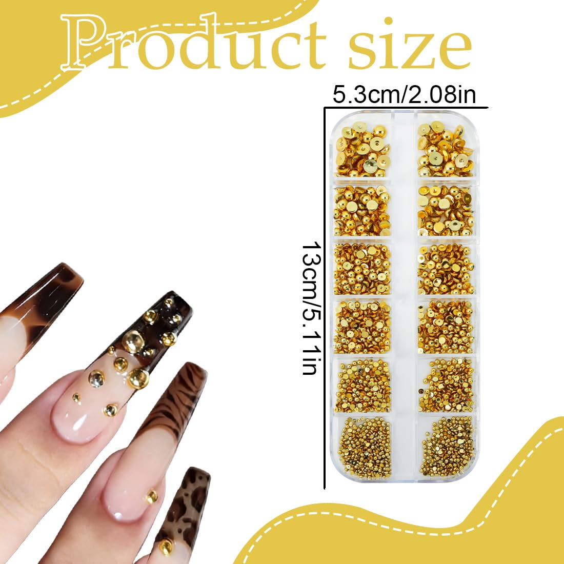 1 Boîte 3D Flatback Perle Ongle Or, perles dorées, Strass Ongle Nail Art, Bijoux Ongles, Demi-Rondes Métal Perle Bijoux pour Deco Ongle Nail Art, Strass Ongles