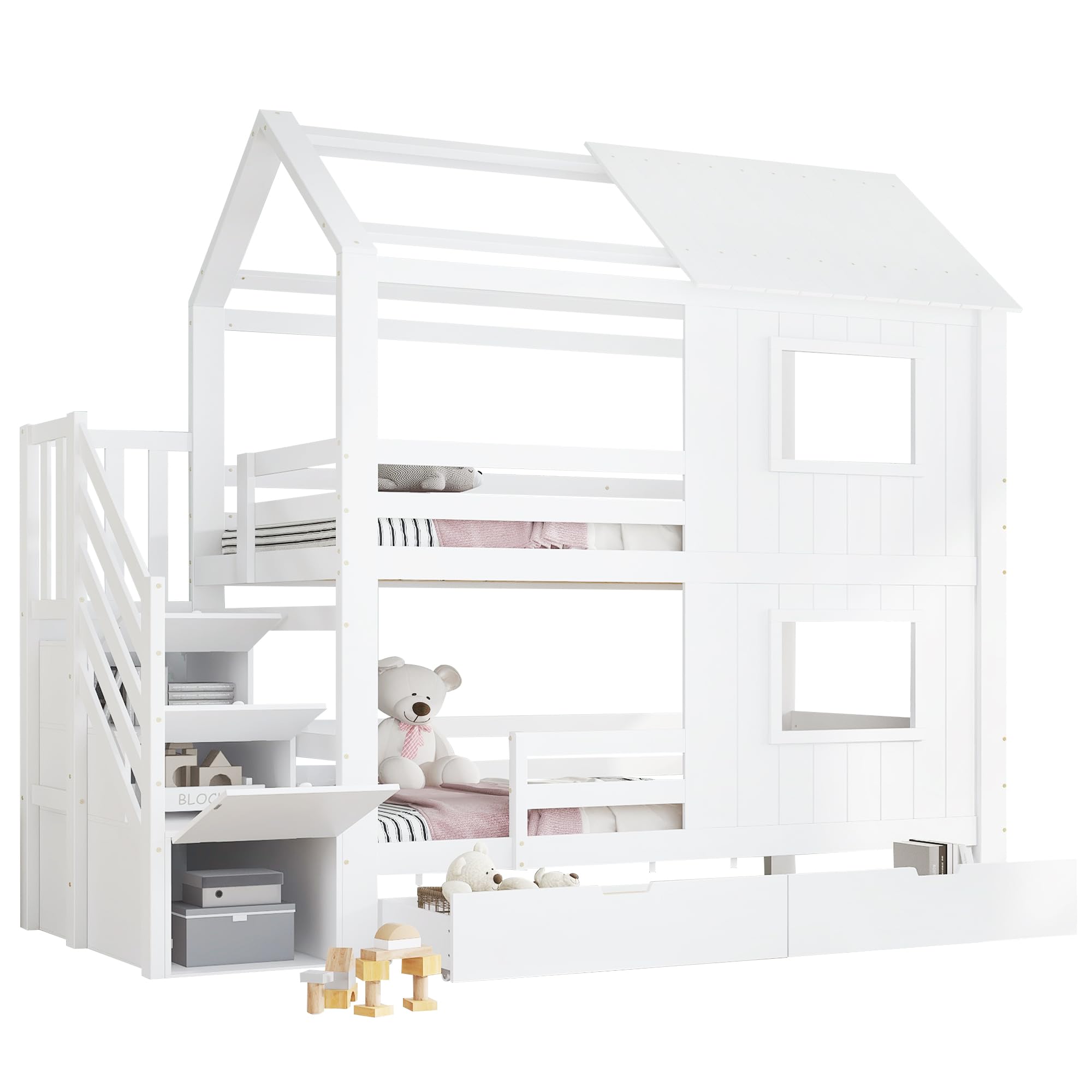 Letto a castello, lettino per bambini, armadio con ripiani, cassetto contenitore con rotelle, belle finestre e tetto, robuste reti a doghe, pino + MDF + compensato, bianco, 90x200 cm