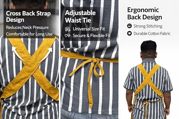 Image of Kitchen Apron, Yellow Cotton Water Resistant with Adjustable Cross Back Straps, Front Pocket, Ergonomic Design