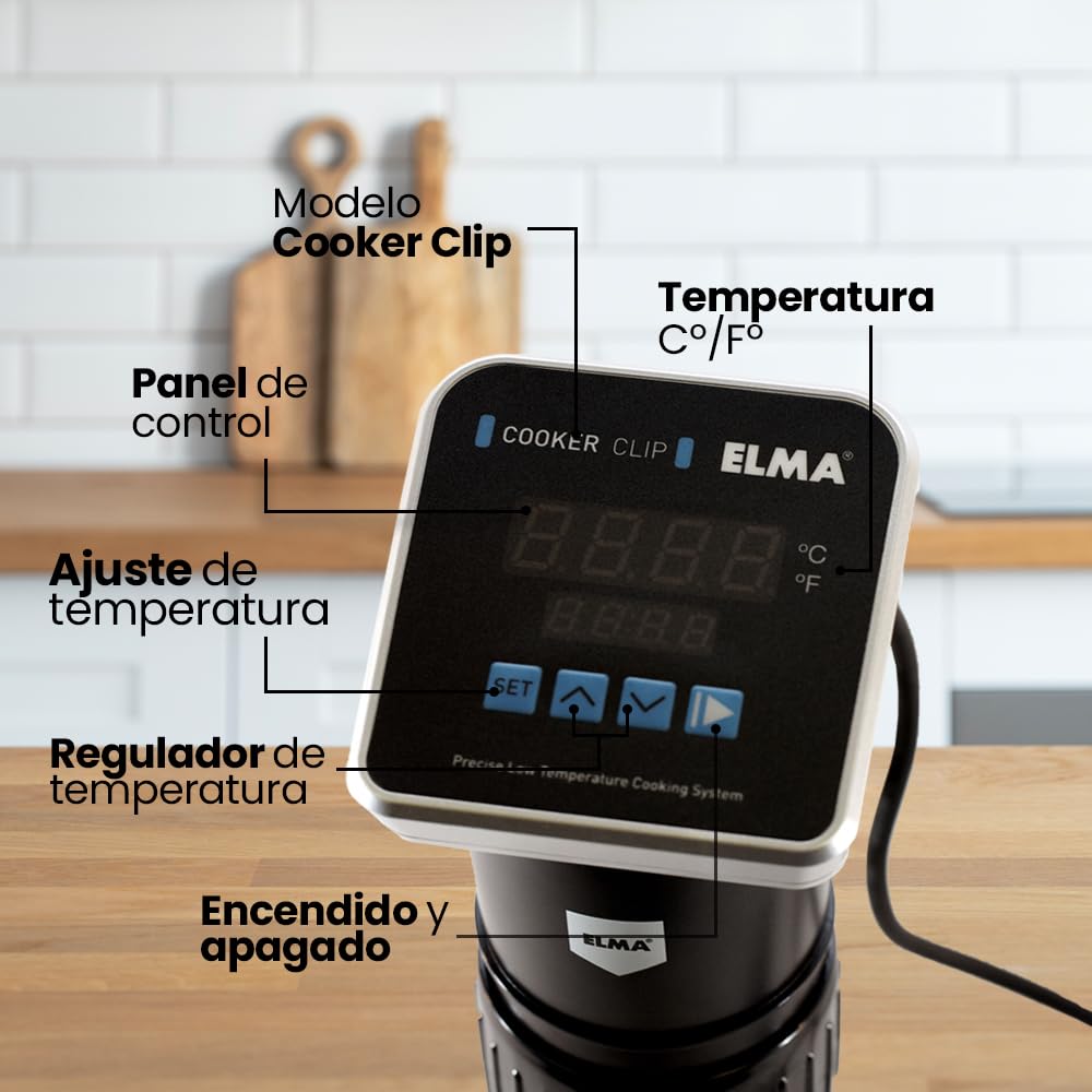 ELMA Termocirculador para Cocinar a Baja Temperatura Alimentos Envasados al Vacío | Modelo Cooker Clip Sous Vide 1200W, Inmersión a Prueba de Agua IPX7 | 9,2 x 16,1 x 33,0 cm