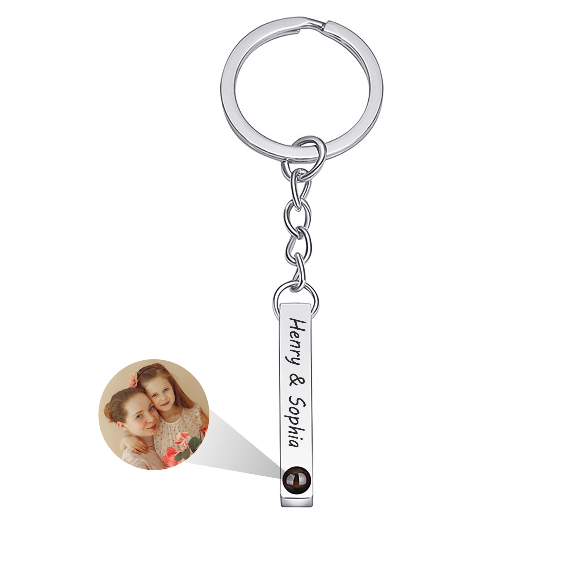 Grobte Men's Silver Picture Keychain, Personalised Photo Projection Keychain With Text, Engraved Keychains Customised Memorial Gifts For Wo Lovers, Father's Day Gift For Dad Grandpa