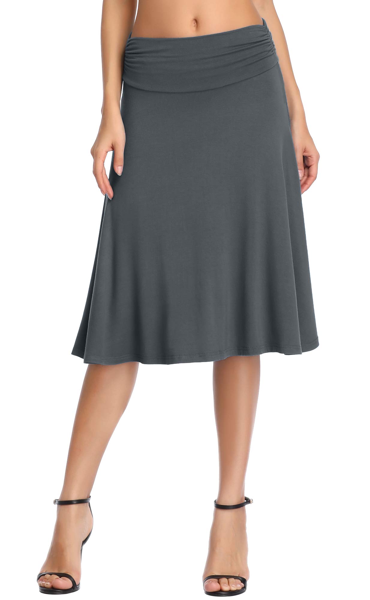 Urban CoCo Women's Ruched High Waist Knee Length A-Line Jersey Flared Skirt, Slate, L