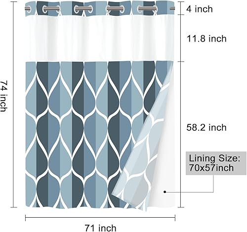 Miniatura 5 de Juego de cortina de ducha sin ganchos con forro de tela a presión, con ventana superior de malla traslúcida, diseño geométrico moderno, repelente al