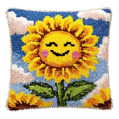 Henypt DIY Latch Hook Cushion Cover Kit 43x43cm,Cartoon Flowers,Smiling Sunflower Full Accessories Yarn Craft Set,Ideal Gift for Adults,Kids & Craft Enthusiasts