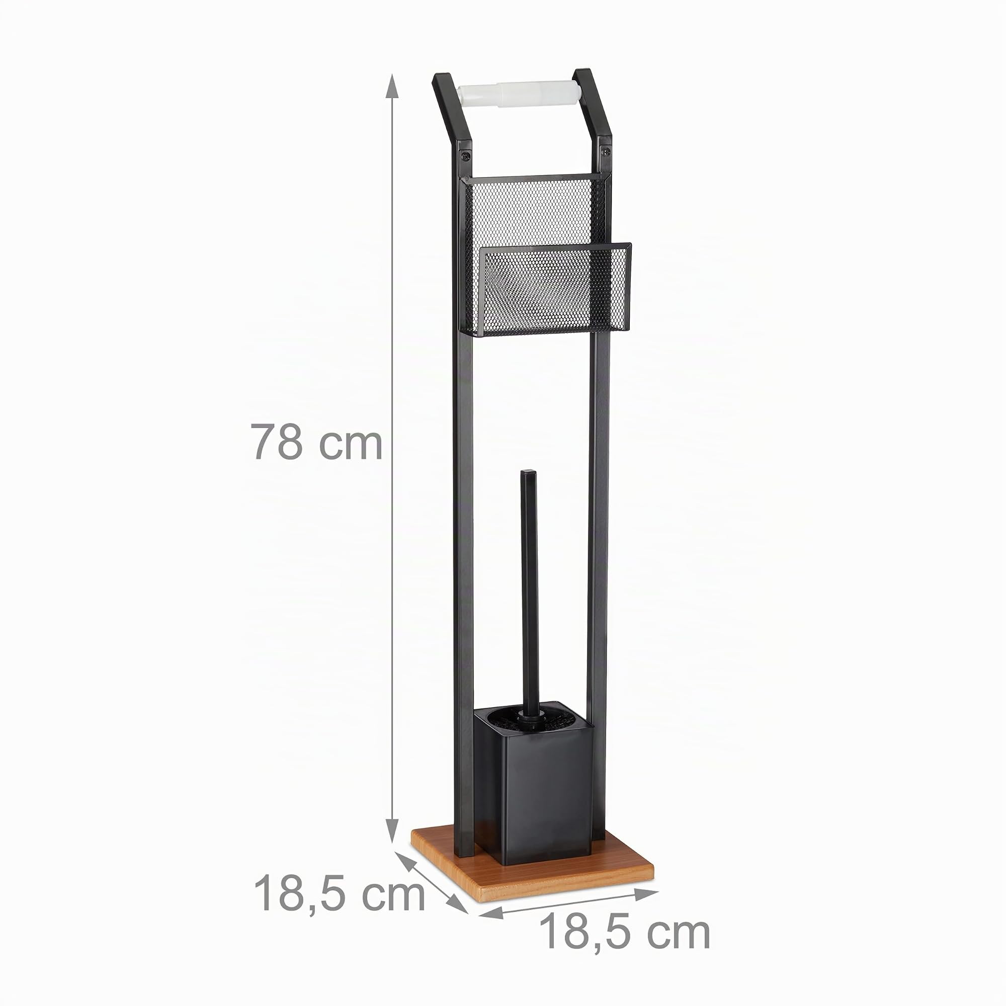 Relaxdays Ensemble WC AV. étagère, Brosse WC et dérouleur Papier, Support pour Portable, Aspect Bois, H 78 cm, Noir