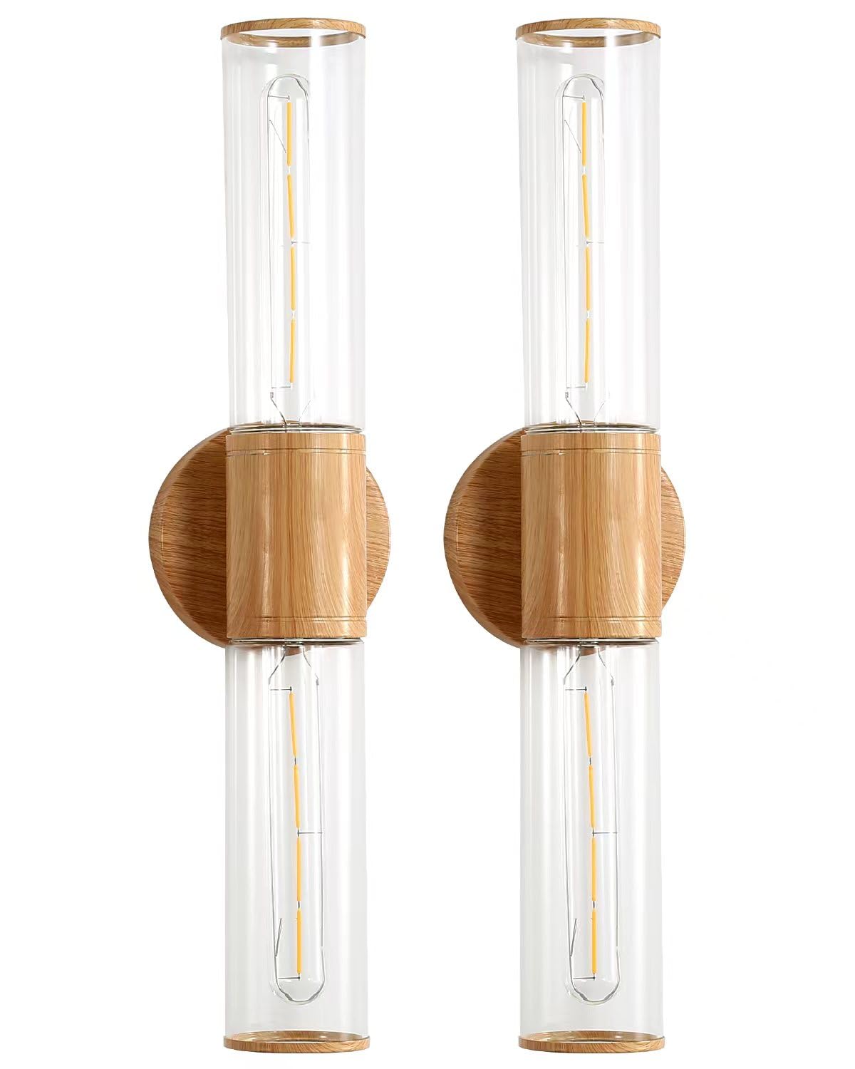 Bathroom Vanity Lighting Fixture, 2-Light Wood Grain Wall Sconce Light Fixture with Clear Glass, E26 Socket Indoor Wall Lamp, Modern Wall Sconce for Mirror Living Room, 2 Pack