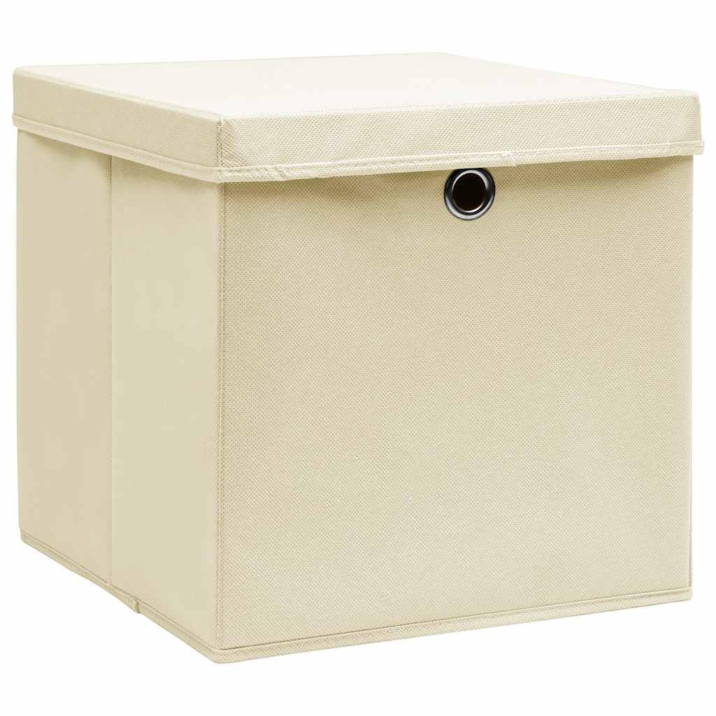 QZZCED 10 Pack Cream Non-Woven Fabric Storage Cubes with Lids, 32x32x32 cm Foldable Storage Bins for Closet Organization, Metal Eyelet Pulls for Easy Access