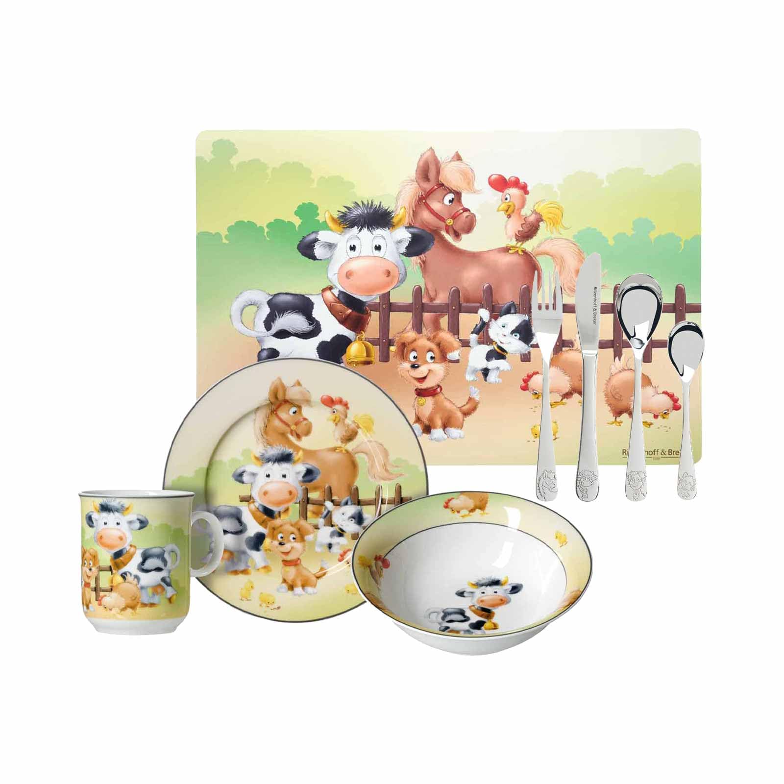 Ritzenhoff& Breker Kindergeschirr-Set Hoftiere 3-teilig mit Platzset & Besteckset | Tiere vom Bauernhof | Porzellan, Edelstahl | Bunt