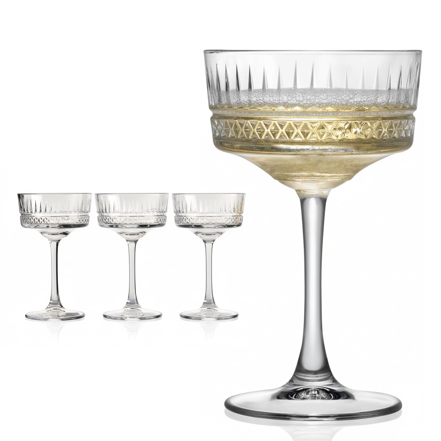 Oceano Set di 4 Calici Champagne e Cocktail in Cristallo Intagliato Coppe Retrò in Stile Vintage da 250ml Ideali per Bollicine, Martini e Dessert Design Elegante per Cerimonie e Feste