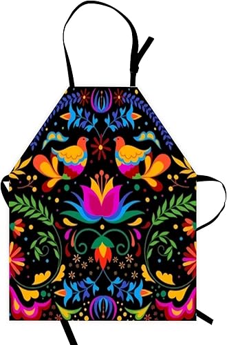 Miniatura 2 de Delantal de flores mexicanas divertido y colorido delantal de cocina con 2 bolsillos, impermeable, ajustable, para hombres y mujeres, para cocinar,