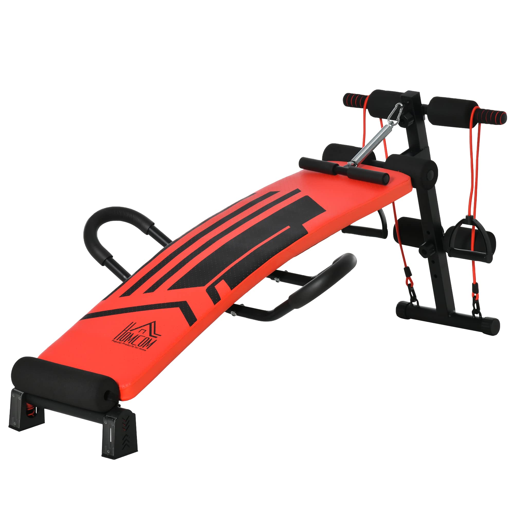 HOMCOM Banc de musculation pliable multifonction appareil fitness sit-up abdo hauteur réglable amortisseurs + sangles élastiques acier revêtement synthétique 137 x 72 x 62 cm rouge noir