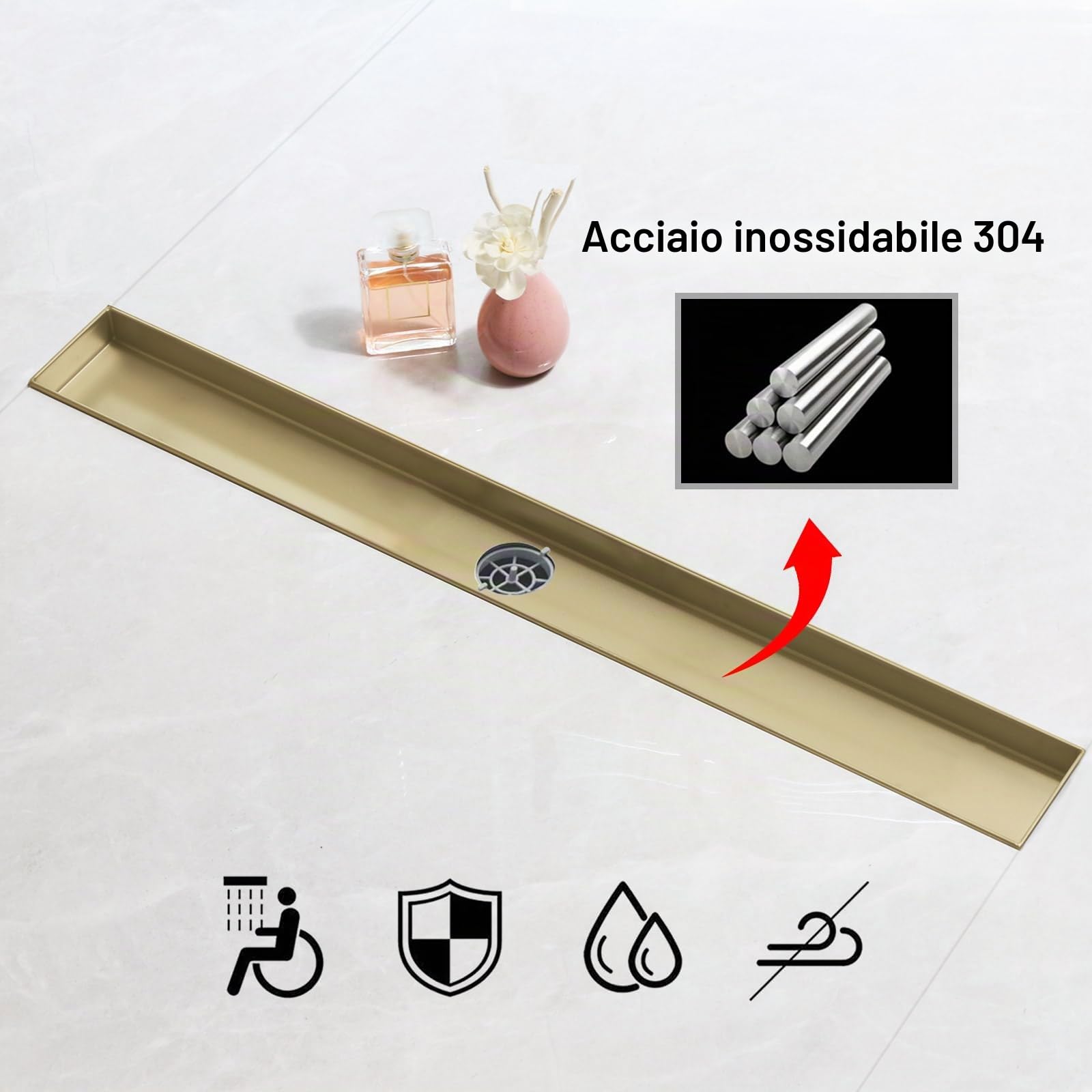 SaniteModar Canaletta Doccia 60cm, Dorato | Pannelli 2 in 1, Acciaio Inossidabile, Scarico Doccia a Pavimento con 360° Sifone e Filtro