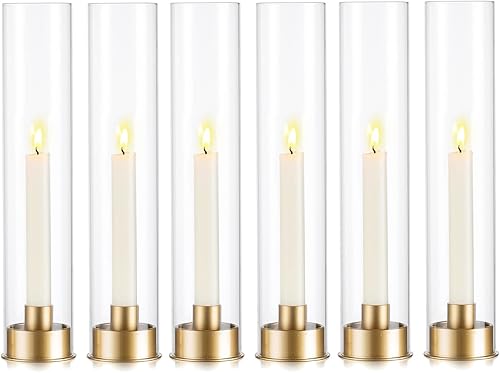 Glasseam Juego de 6 portavelas dorado Hurricane, juego de 6 portavelas cilíndricos de cristal, modernos portavelas cónicos con pantalla de chimenea