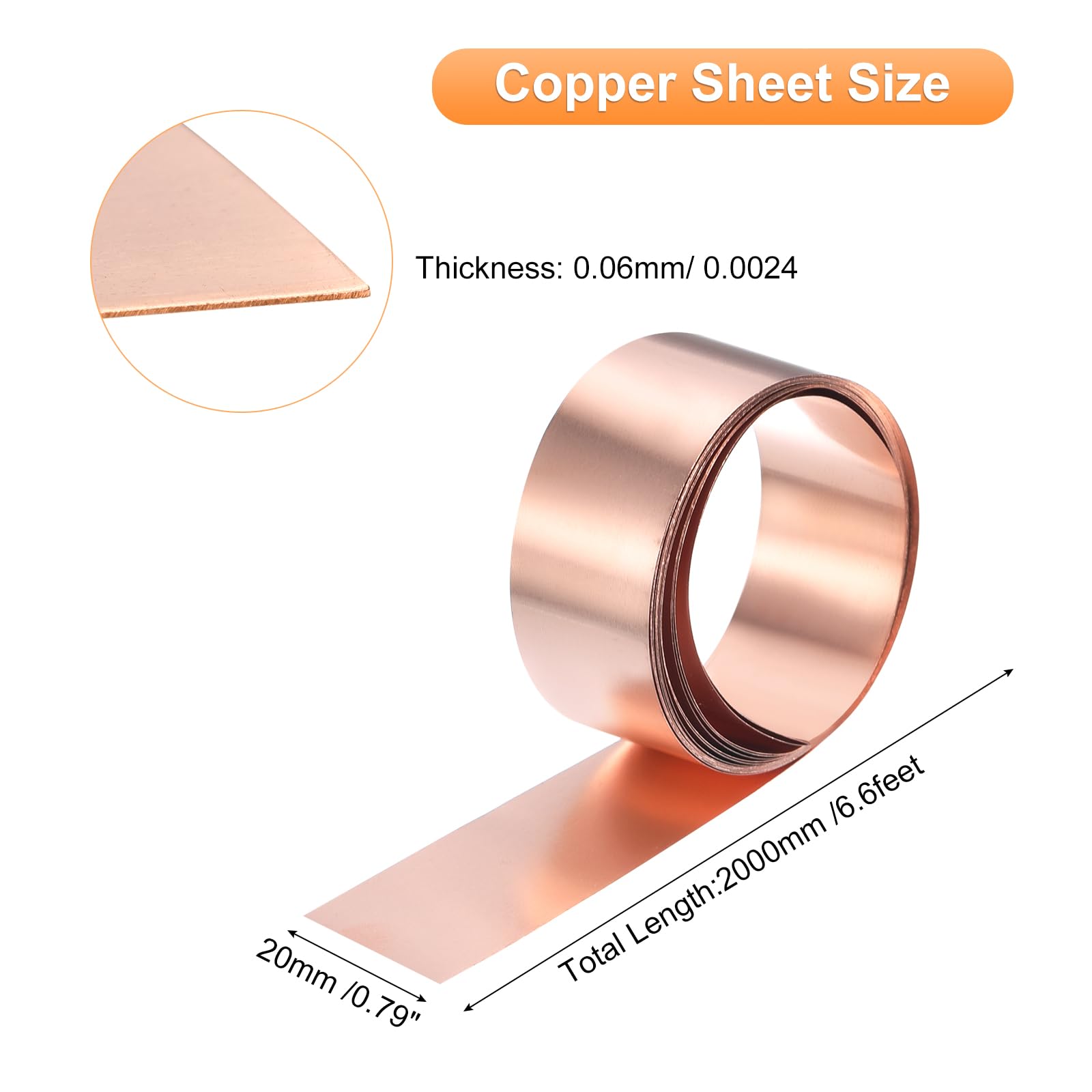 QUARKZMAN Blacha miedziana 2000 mm x 20 mm x 0,06 mm, 99,9% czystej miedzi taśma migająca z folii metalowej do projektów DIY, elektryczność (różne rozmiary)