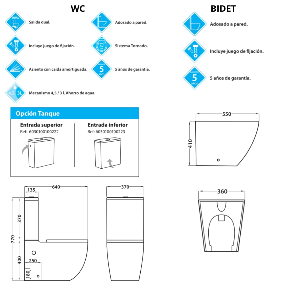 Wc Inodoro Completo Compacto Adosado a Pared Redondo con Sistema Rimless | Wc Completo con Salida Dual y Asiento Amortiguado + Bide