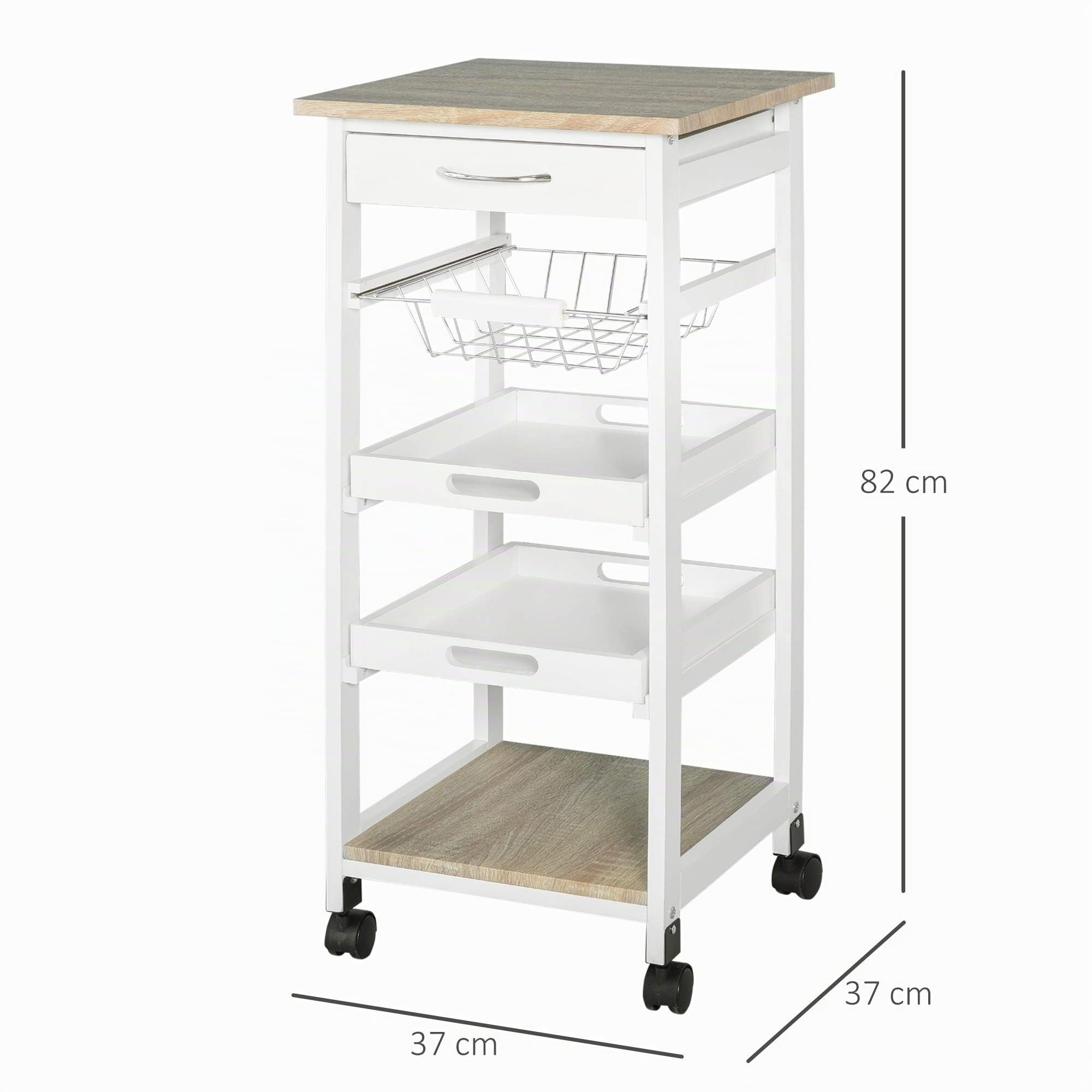 HOMCOM Carro de Servicio de Cocina con Ruedas, Cesta + 2 bandejas extraíbles, cajón, Estante MDF Roble Claro Madera Pino Blanco
