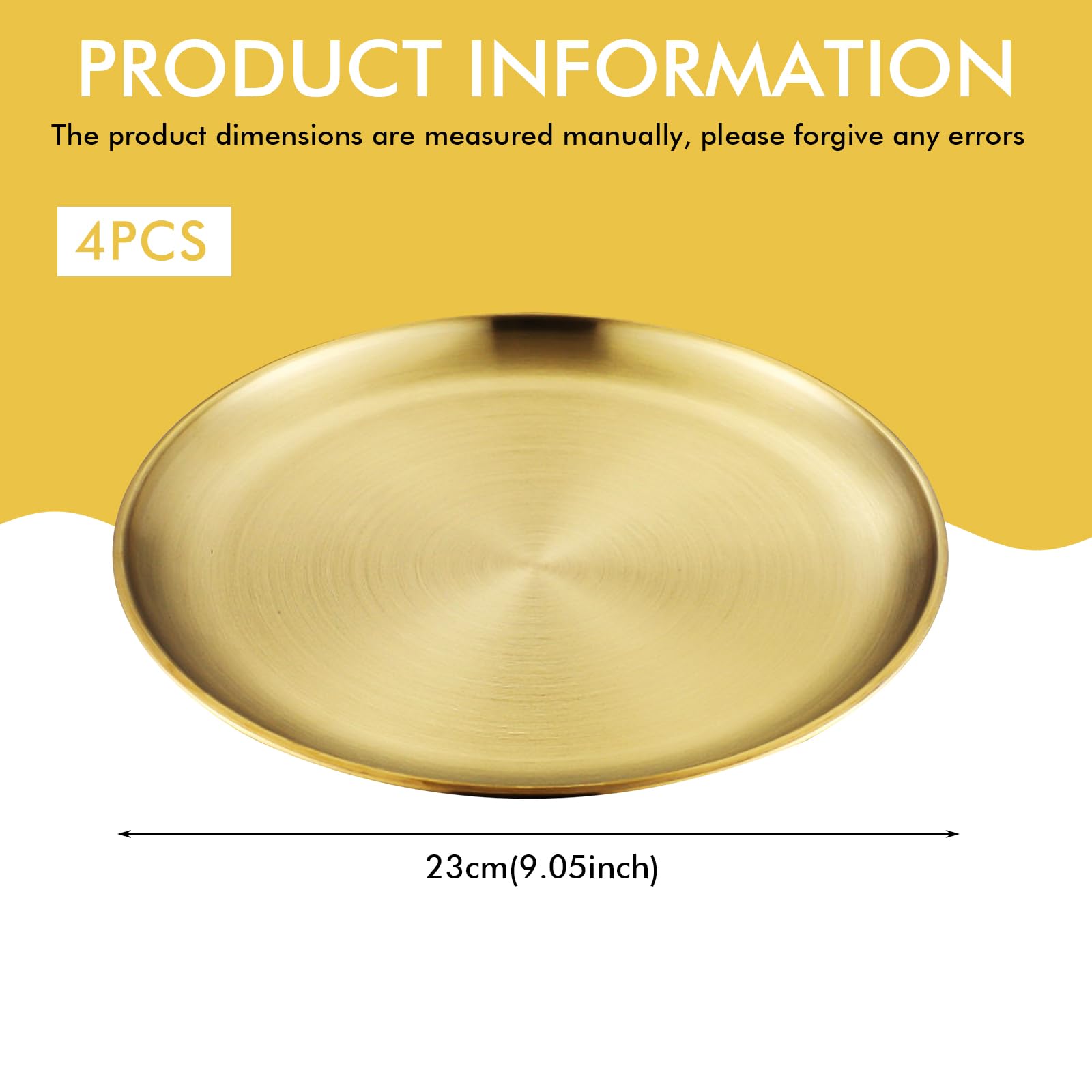 4 vassoi dorati rotondi: 23 cm 201 in acciaio inox 201, piatto decorativo oro, vassoio rotondo Go ld, piatto in metallo per cucina, ristorante, caffetteria, campeggio, cucina, feste